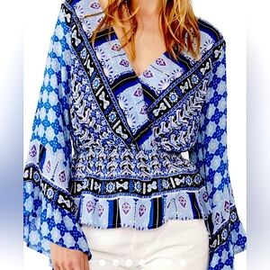 NWOT- Free People Rosalie Top Bell Sleeves Cinched Waist Indigo Blouse Size M
